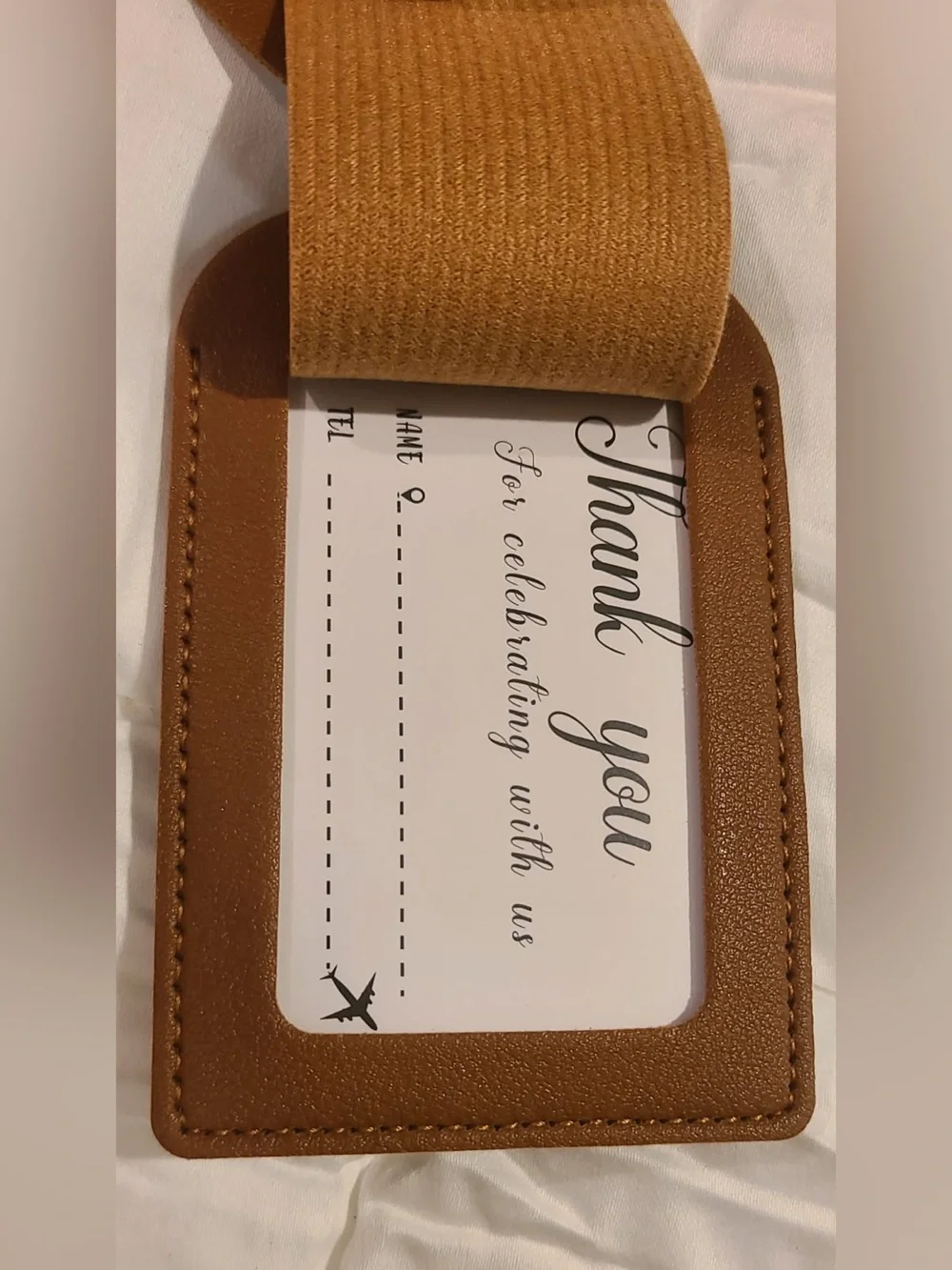 48 Brown Faux Leather Luggage Tag with Gold Foil script for weddings favors